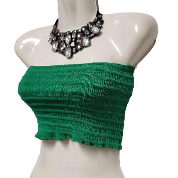 Green Sexy Crop Top Strapless Tube Top Smocked Stretchy Summer Bandeau - NEW - Picture 10 of 10